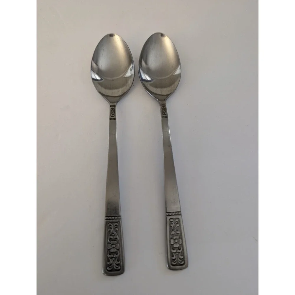 United Silver 2 Soup Spoons CASSANDRA Stainless MCM Floral Flower Japan Vintage